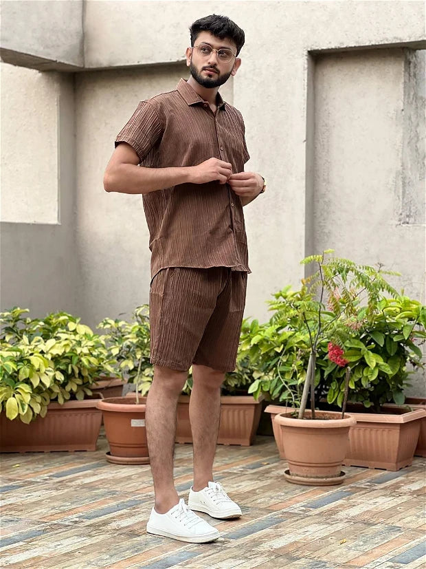 Brown Men Casual Wear Shirt And Shorts Pair